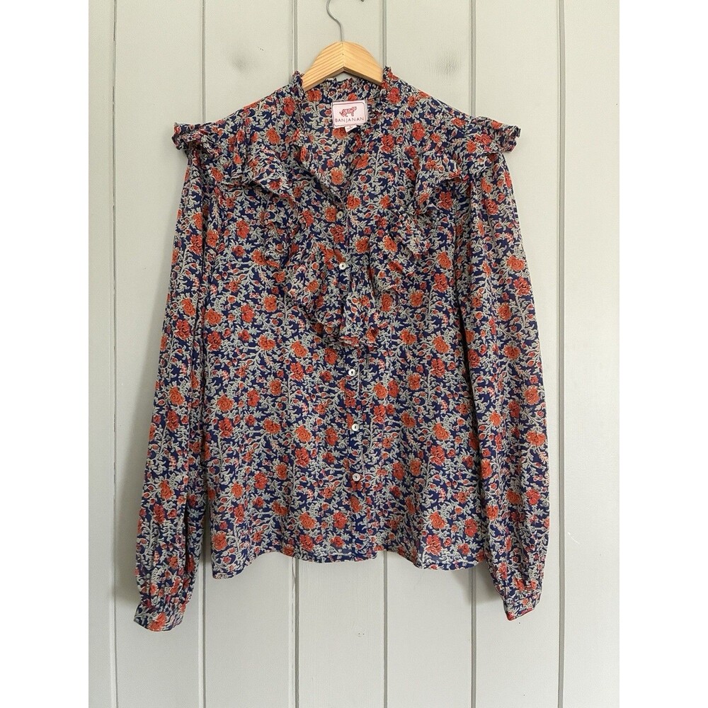 Banjanan Nina Blouse S Small Siesta Blueprint Floral Ruffle Long Sleeves